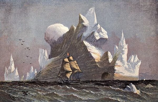 Icebergs. circa 1870: Icebergs towering over a sailing ship in Arctic waters