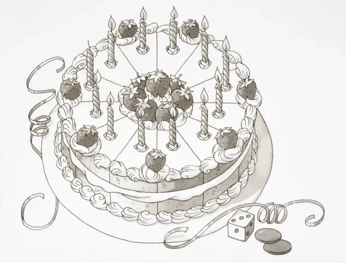 Framed Print : Iced birthday cake decorated with twelve candles and whole strawberries, elevated view Framed Print : Iced birthday cake decorated with twelve candles and whole strawberries, elevated view