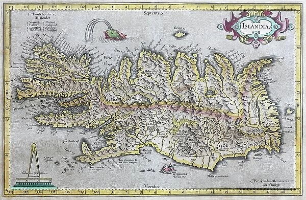 Iceland, hand-coloured copperplate engraving by Gerhard Mercator, 1595, Iceland