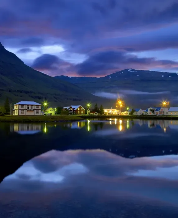 Framed Print : Iceland, Seydisfjordur harbor and houses, dusk Framed Print : Iceland, Seydisfjordur harbor and houses, dusk