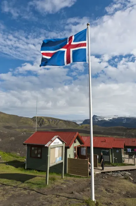 Framed Print : Icelandic National Flag, Emstrur - Botnar Hut at the Laugavegur hiking trail, Rangarping ytra, Iceland, Scandinavia