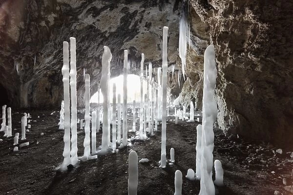 Icicles in Oswaldhoehle cave near Muggendorf, Wiesenttal Valley, Franconian Switzerland, Upper Franconia, Franconia, Bavaria, Germany, Europe