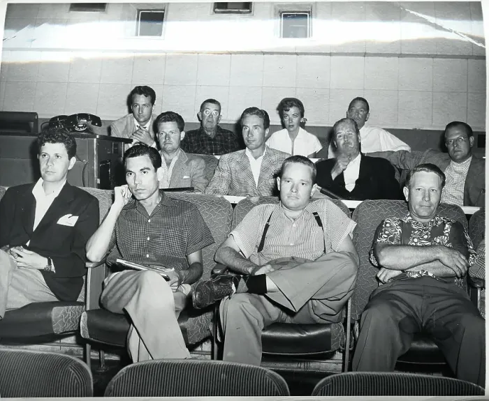 Framed Print : Ida Lupino Seated Amongst Men at Screening Framed Print : Ida Lupino Seated Amongst Men at Screening