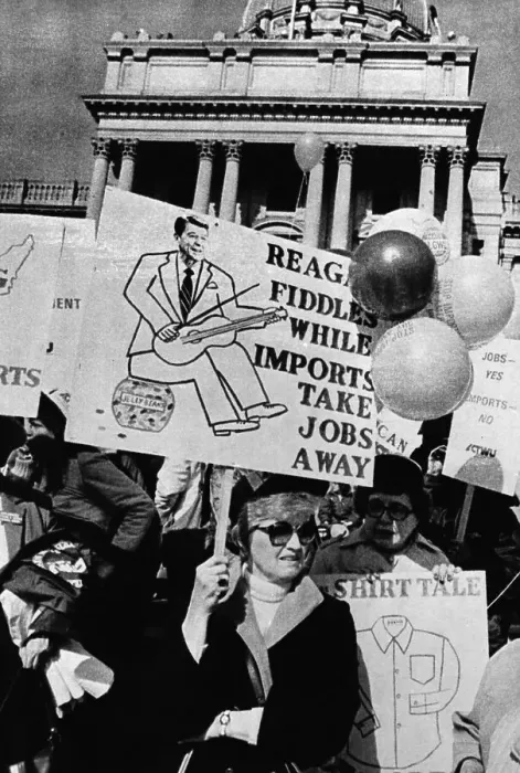 Framed Print : IGLWU Member with Sign Blaming President Reagan Framed Print : IGLWU Member with Sign Blaming President Reagan