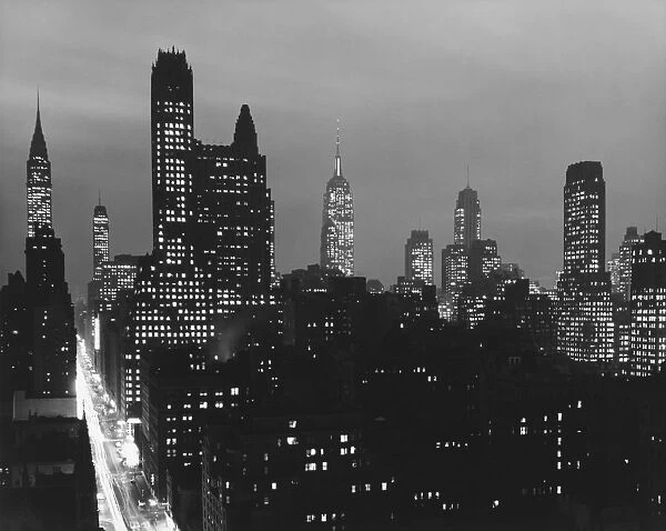 Illuminated city at night (B&W), elevated view