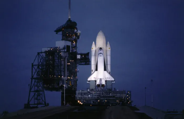 Framed Print : Illuminated Columbia on Launch Pad