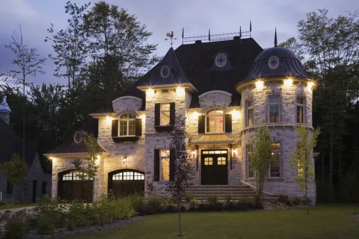 Framed Print : Illuminated luxurious cottage-style residential house with two garages, Quebec Province, Canada Framed Print : Illuminated luxurious cottage-style residential house with two garages, Quebec Province, Canada