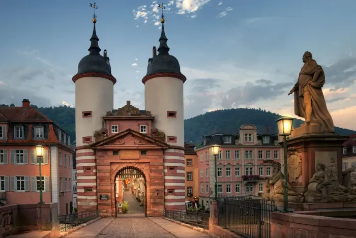 Framed Print : Illuminated Old Bridge Gate at Karl Theodor Bridge in Heidelberg, Baden-Wurttemberg
