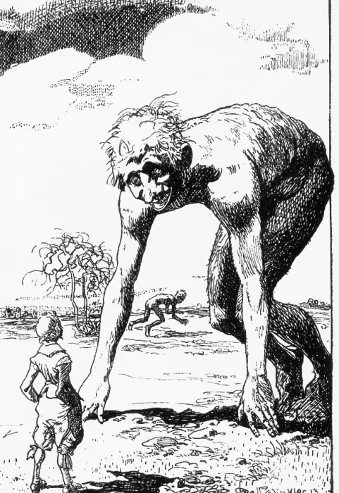 Framed Print : Illus. Of Man Encountering Lunar Giants Framed Print : Illus. Of Man Encountering Lunar Giants