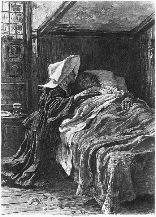 Framed Print : Illus of Woman Nursing Sick Man in Bed Framed Print : Illus of Woman Nursing Sick Man in Bed