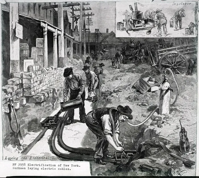 Framed Print : Illust.; Men Laying Electrical Cable Framed Print : Illust.; Men Laying Electrical Cable