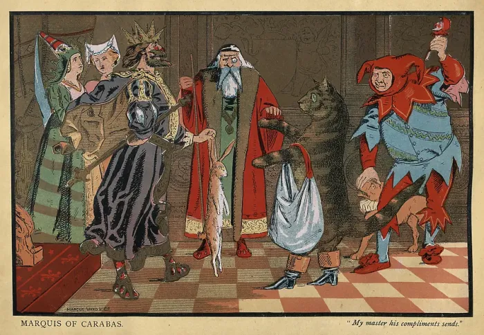Framed Print : Illustrated Fairy tales, Mythology, Puss in Boots before the king, Jester, Vintage Illustration, 19th Century