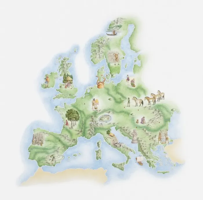 Framed Print : Illustrated map of Bronze Age civilisations across Europe, showing stone circles, settlements, agricultural activity Framed Print : Illustrated map of Bronze Age civilisations across Europe, showing stone circles, settlements, agricultural activity