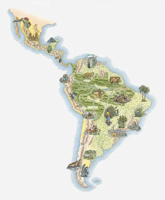 Framed Print : Illustrated map of Central and Southern America Framed Print : Illustrated map of Central and Southern America