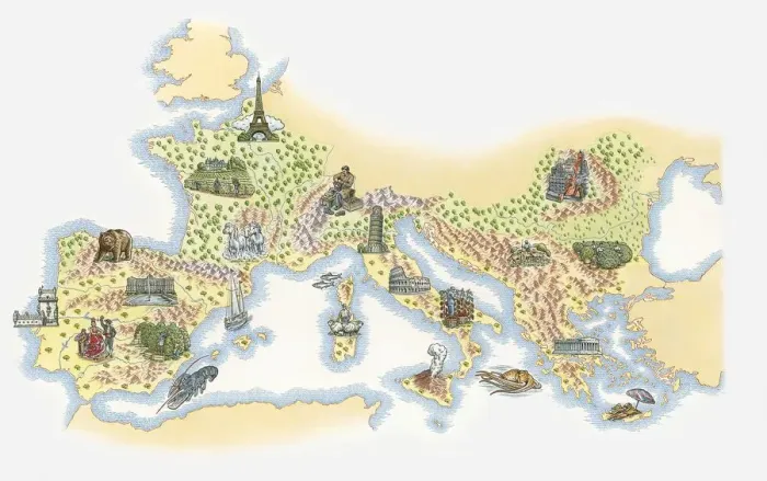 Framed Print : Illustrated map of France, Southern and Southeastern Europe Framed Print : Illustrated map of France, Southern and Southeastern Europe
