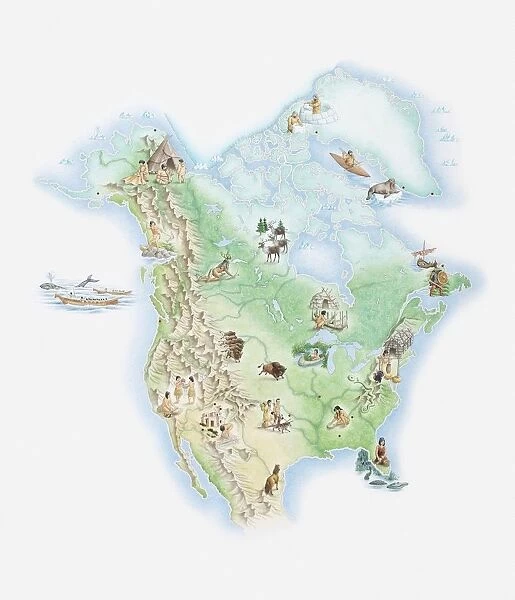Illustrated map of North America showing indigenous people and wildlife