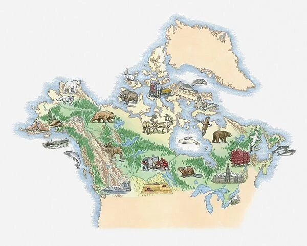 Illustrated map of Northern America including Canada and Alaska