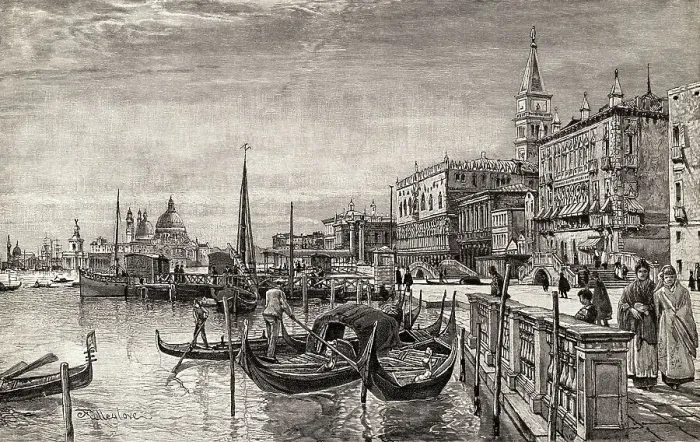 Framed Print : Illustrated View of Gondolas in Venice Framed Print : Illustrated View of Gondolas in Venice