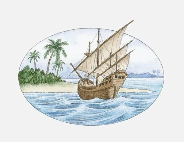 Illustration of 16th Century ship in sea near island