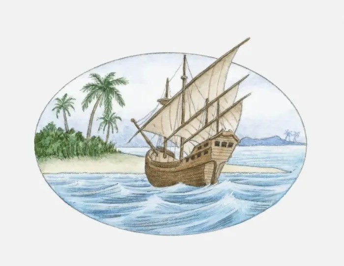 Framed Print : Illustration of 16th Century ship in sea near island Framed Print : Illustration of 16th Century ship in sea near island