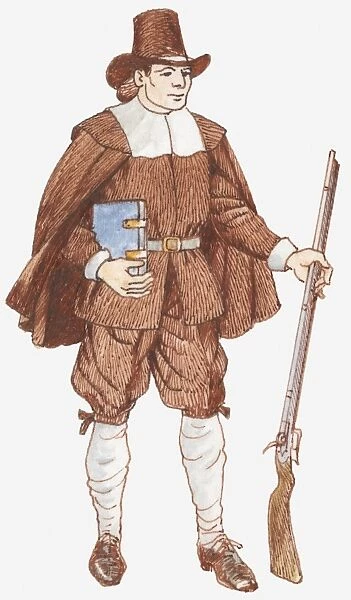 Illustration of 17th century pilgrim holding bible and rifle