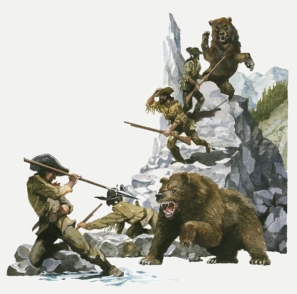 Illustration of 18th century explorer Meriwether Lewis and his man using spears and rifles to protect themselves from attacking bears