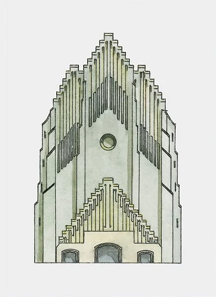 Illustration of 1920s expressionist facade of Grundtvig Church