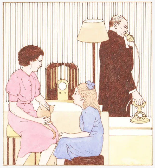Framed Print : Illustration of 1930s family with radio, electricity, and man talking on telephone Framed Print : Illustration of 1930s family with radio, electricity, and man talking on telephone