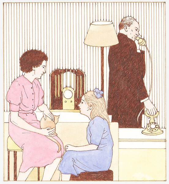 Illustration of 1930s family with radio, electricity, and man talking on telephone