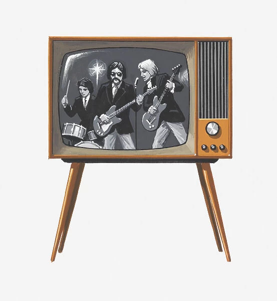 Illustration of 1960s pop band on black and white television