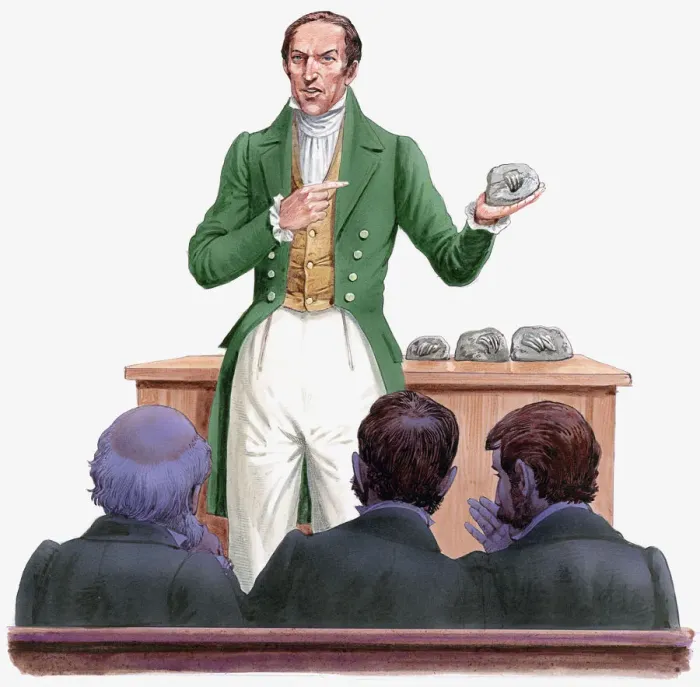 Framed Print : Illustration of 19th century paleontologist Gideon Mantell standing in front of audience, holding and pointing at fossil of Iguanodon tooth Framed Print : Illustration of 19th century paleontologist Gideon Mantell standing in front of audience, holding and pointing at fossil of Iguanodon tooth