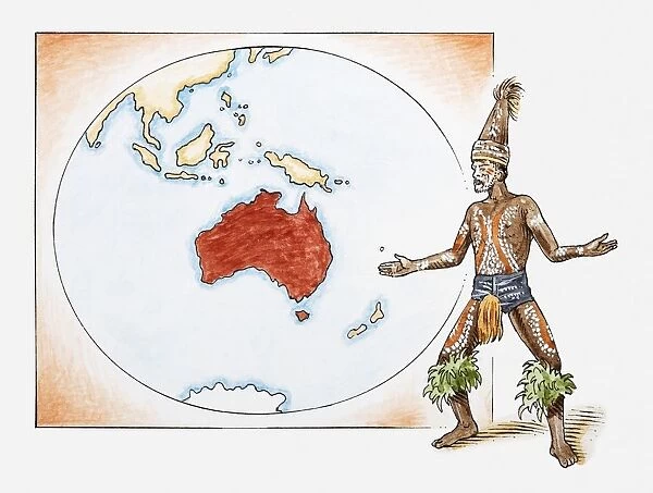 Illustration of Aboriginal tribesman in front of a map of Australia