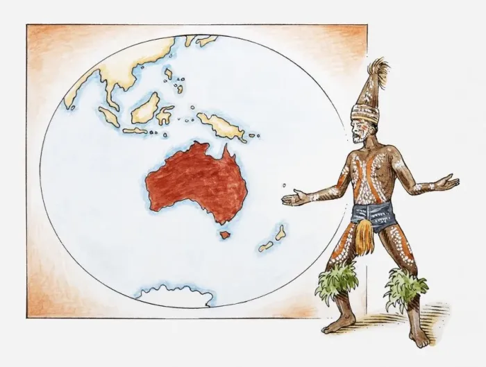 Framed Print : Illustration of Aboriginal tribesman in front of a map of Australia Framed Print : Illustration of Aboriginal tribesman in front of a map of Australia