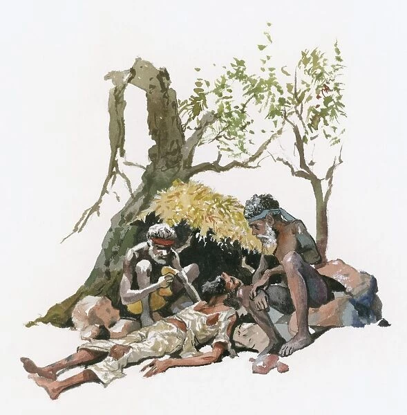 Illustration of Aborigine men caring for exhausted man in Australian outback