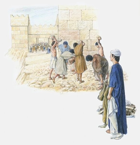 Illustration of accusers stoning Stephen to death within city walls as large crowd looks on