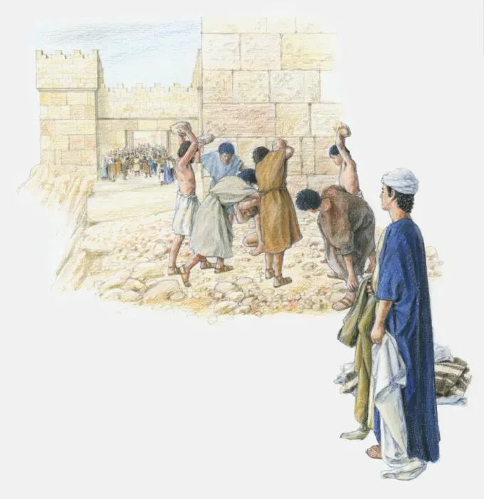 Framed Print : Illustration of accusers stoning Stephen to death within city walls as large crowd looks on Framed Print : Illustration of accusers stoning Stephen to death within city walls as large crowd looks on