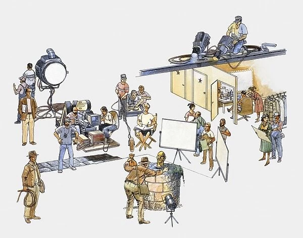 Illustration of actors, technicians, and production team on film set