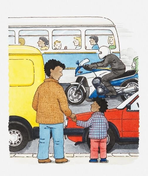 Illustration of adult and child standing together on pavement with busy road ahead of them