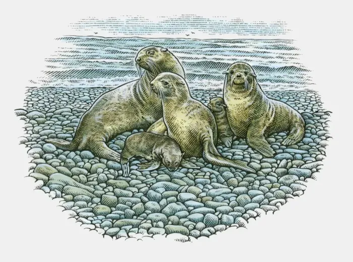 Framed Print : Illustration of adult Sea Lions and pups on rocky beach