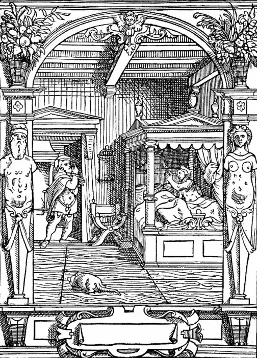 Framed Print : Illustration of adultery from a 16th century French law book, woman in bed waiting for lover, France, Historical, digitally restored reproduction of an original 19th century original, exact original date unknown
