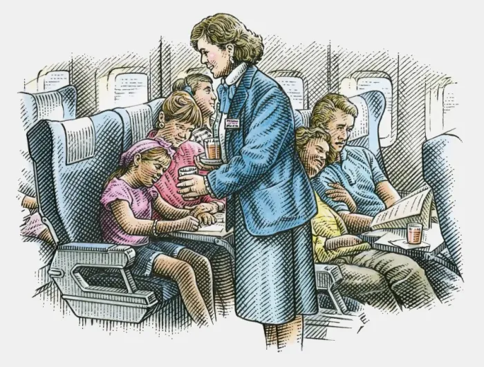 Framed Print : Illustration air hostess serving drinks to passengers on commercial aircraft Framed Print : Illustration air hostess serving drinks to passengers on commercial aircraft
