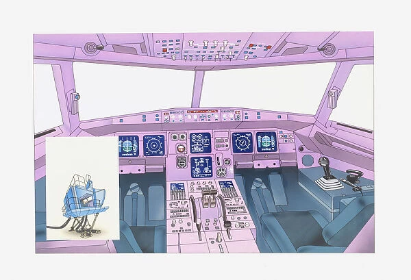 Illustration of airplane cockpit and flight simulator