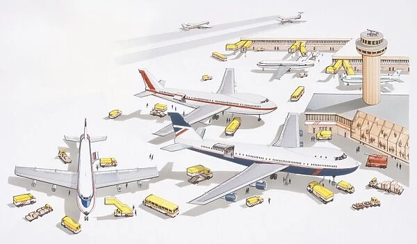 Illustration of airport passenger terminal, support services attending to grounded planes, control tower overlooking, firefighters nearby for refuelling, yellow boarding ramp, clearly visible yellow support vehicles