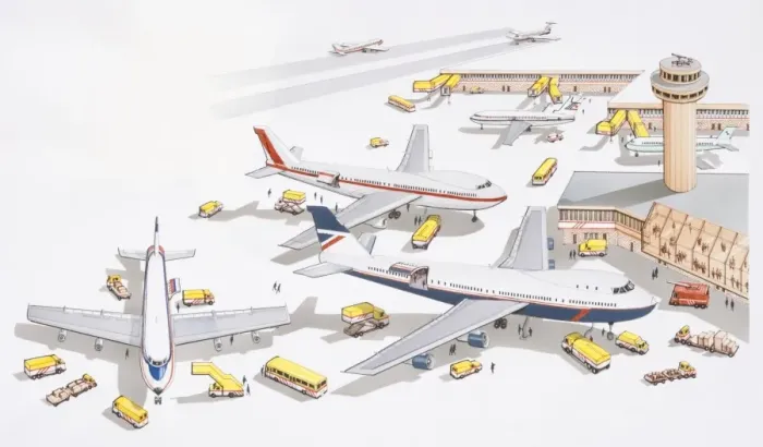 Framed Print : Illustration of airport passenger terminal, support services attending to grounded planes, control tower overlooking, firefighters nearby for refuelling, yellow boarding ramp, clearly visible yellow support vehicles Framed Print : Illustration of airport passenger terminal, support services attending to grounded planes, control tower overlooking, firefighters nearby for refuelling, yellow boarding ramp, clearly visible yellow support vehicles
