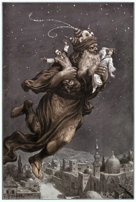 Framed Print : Illustration of Aladdin Flying Away with Two People from the Arabian Nights Framed Print : Illustration of Aladdin Flying Away with Two People from the Arabian Nights