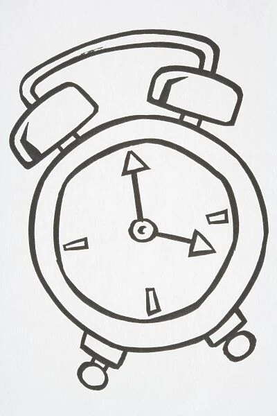 Illustration, alarm clock with handle and two bells on top, hands pointing to four o clock