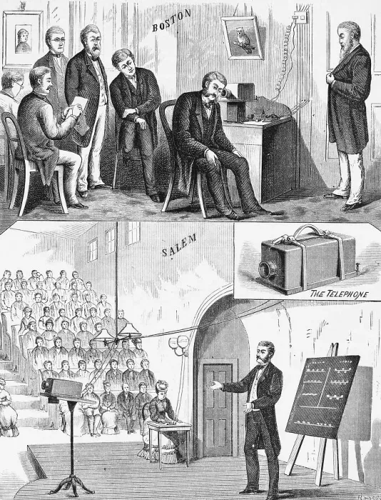 Framed Print : Illustration of Alexander Graham Bell Demonstrating Telephone Framed Print : Illustration of Alexander Graham Bell Demonstrating Telephone