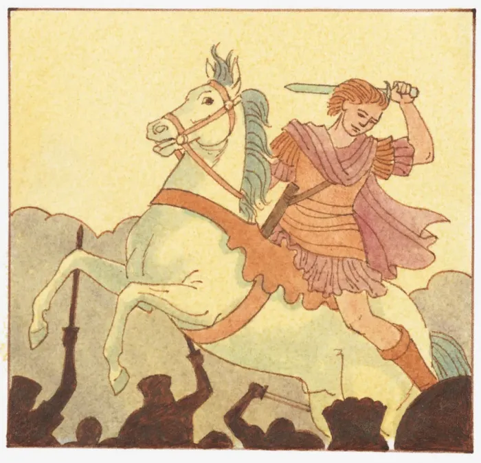Framed Print : Illustration of Alexander the Great on in battle on horseback with sword above head Framed Print : Illustration of Alexander the Great on in battle on horseback with sword above head