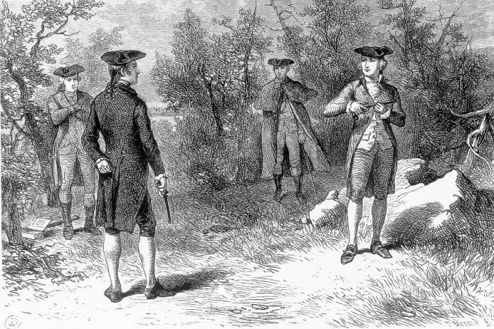Framed Print : Illustration of Alexander Hamilton and Aaron Burr Preparing to Duel Framed Print : Illustration of Alexander Hamilton and Aaron Burr Preparing to Duel