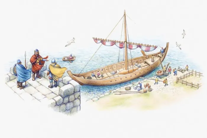 Framed Print : Illustration of one of Alfred the Greats ships moored on coastline to guard against Viking invasion Framed Print : Illustration of one of Alfred the Greats ships moored on coastline to guard against Viking invasion